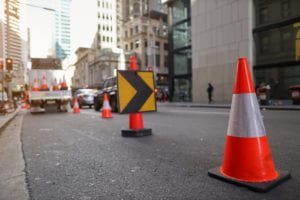 Hat cone traffic lined up on the street