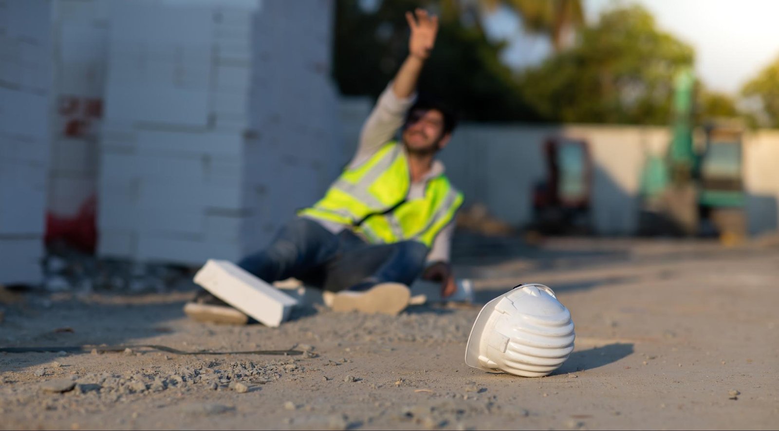 Worker sitting on the floor at a construction site after an accident