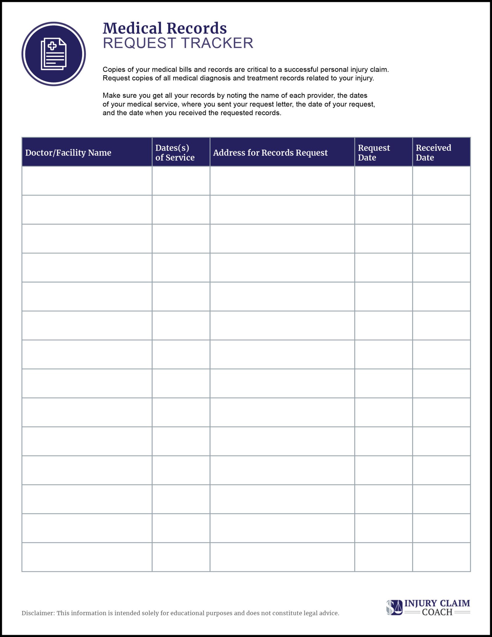 Medical records request tracking log