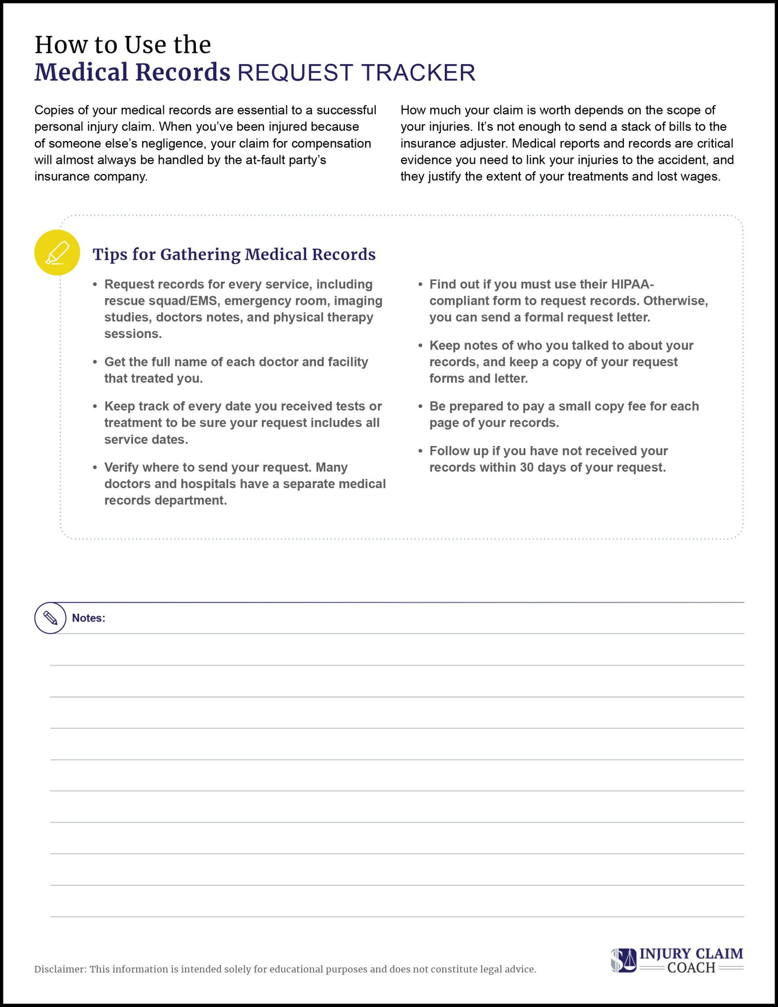 Medical records request tracking log