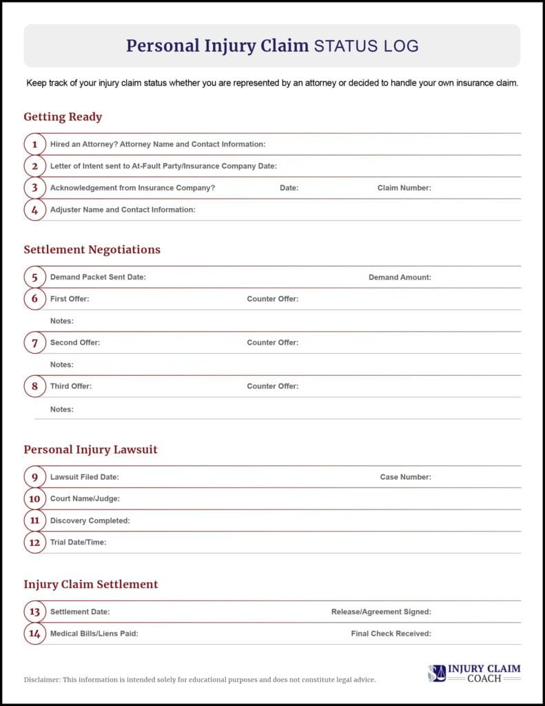 Personal injury claim status log