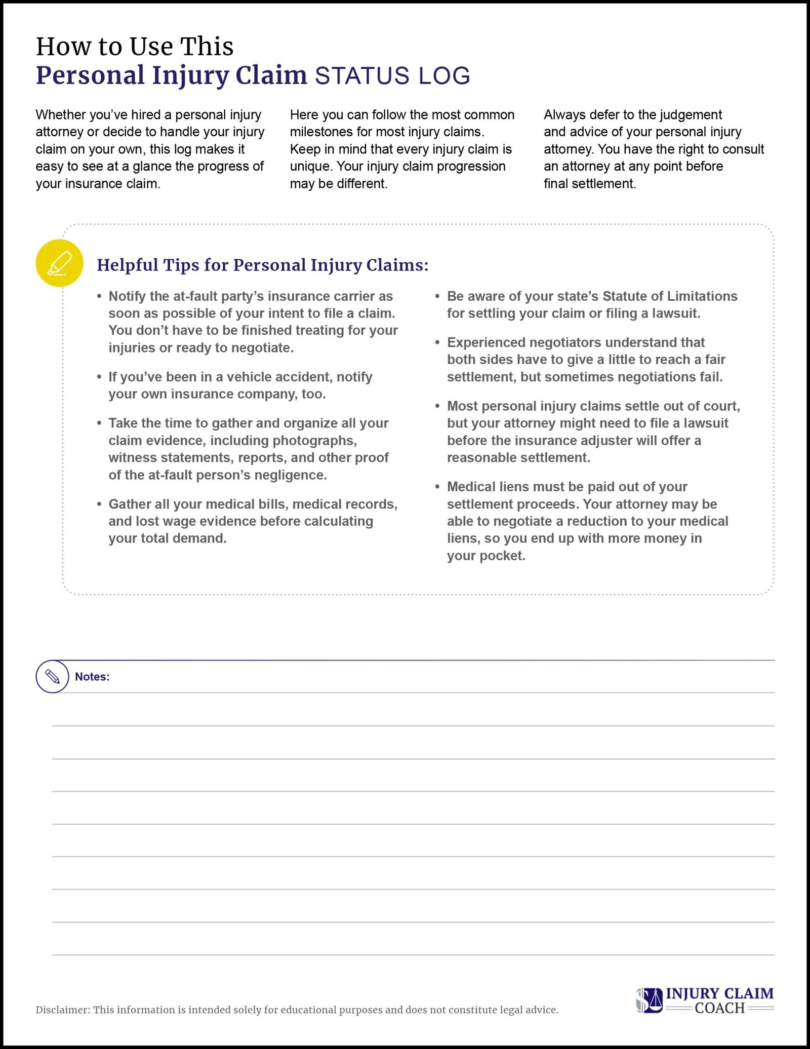 Personal injury claim status log